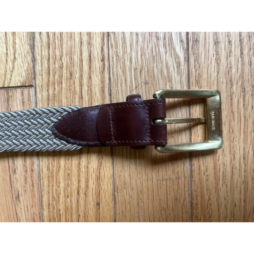 Mens Woven Stretch Belt Brown Leather Solid Brass Buckle Herringbone Braided S‎